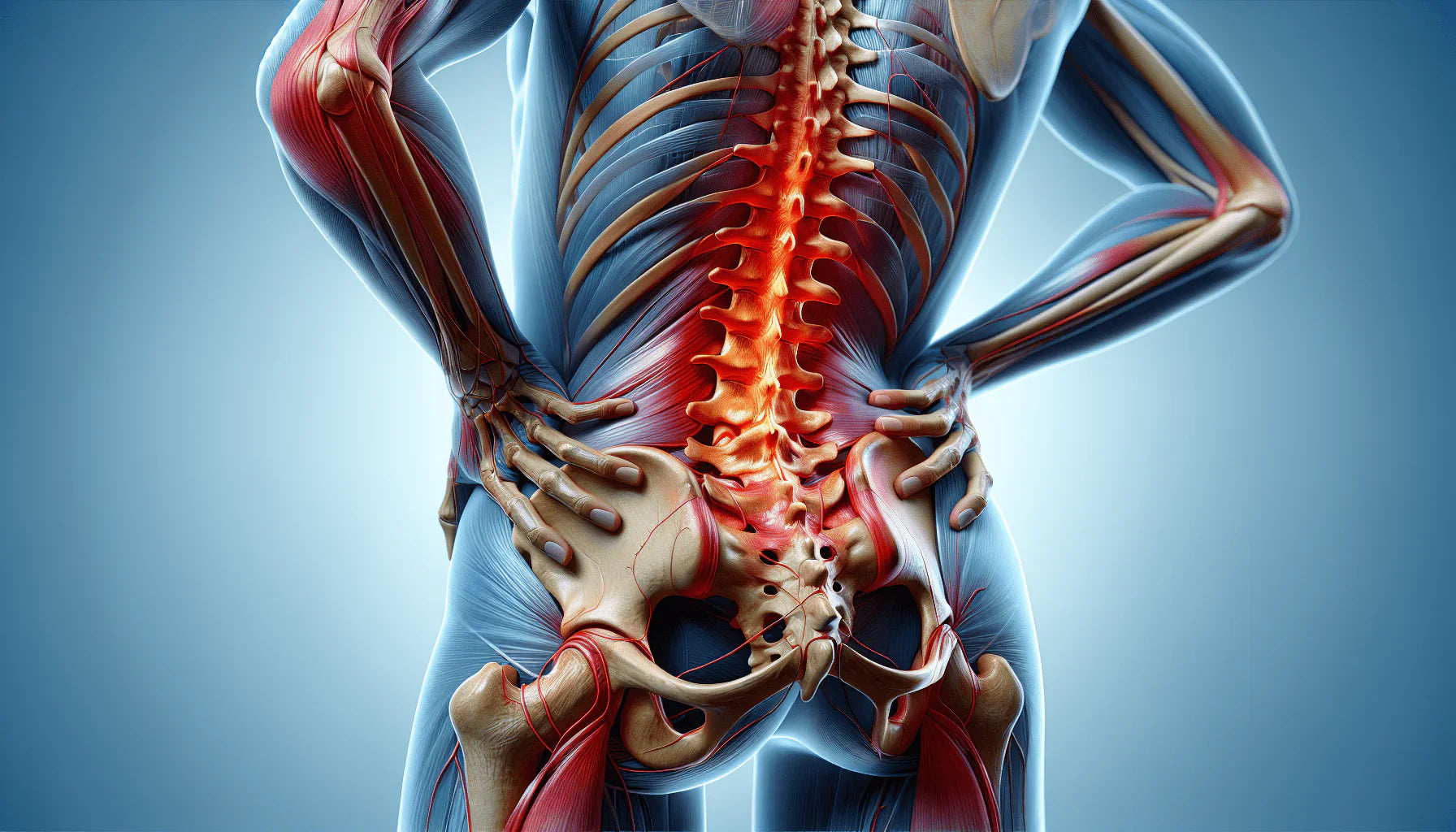 Illustration of a human spine with highlighted areas of pain
